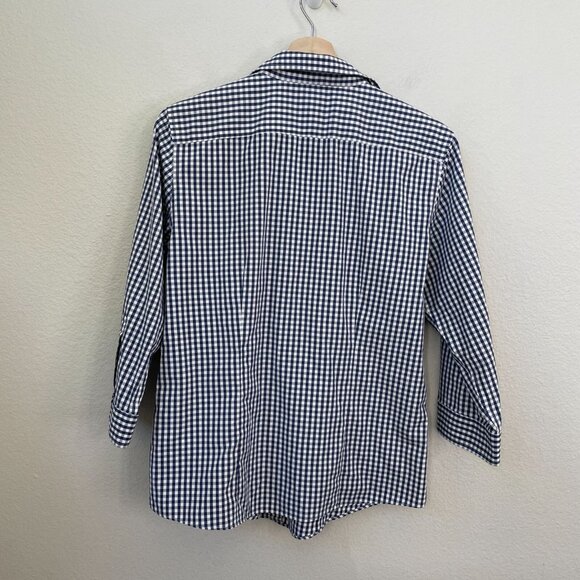 LL Bean Womens Medium Wrinkle Free Navy White Gingham Check Button Up Shirt Top - Picture 8 of 8